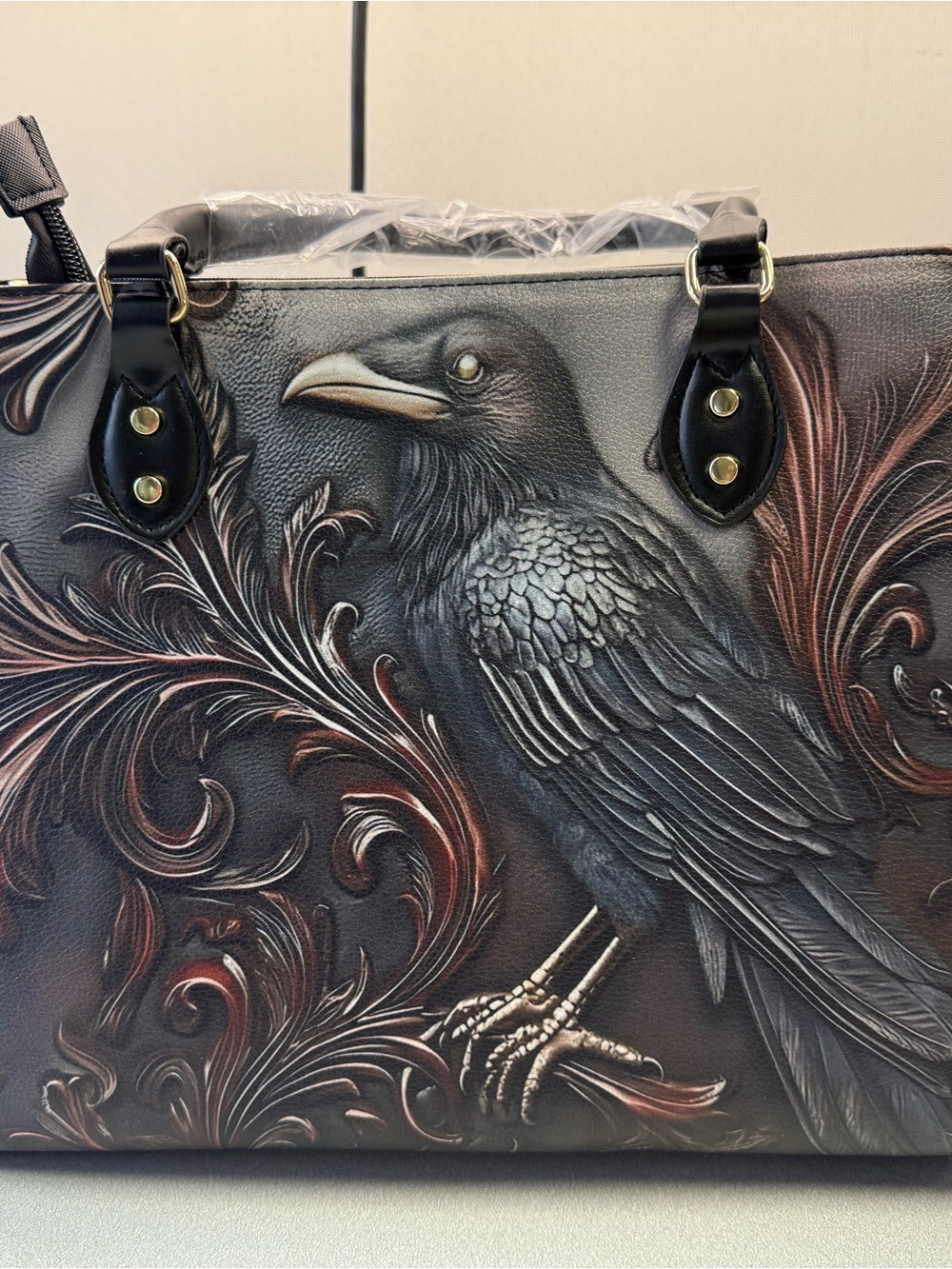 Embroidered Black Raven Leather Tote with Sculpted Feather Detail